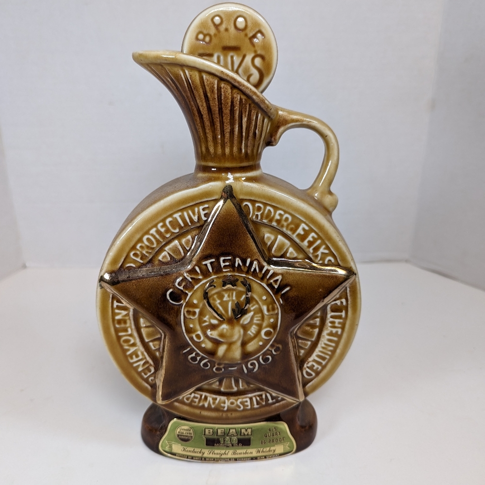 Centennial 1868-1968 JAMES B. BEAM Decanter Bottle 4/5 qt Bourbon Whiskey ELKS